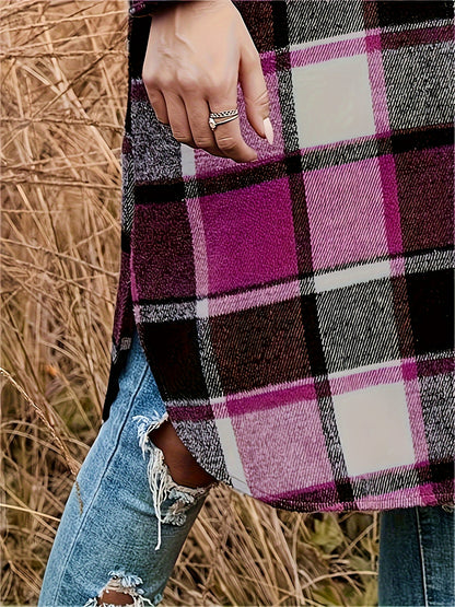 Autumn And Winter Long Trench Coat with Side Slits, Notch Collar, Casual And Comfortable, Tailored Fit, Women's Plaid Coat.