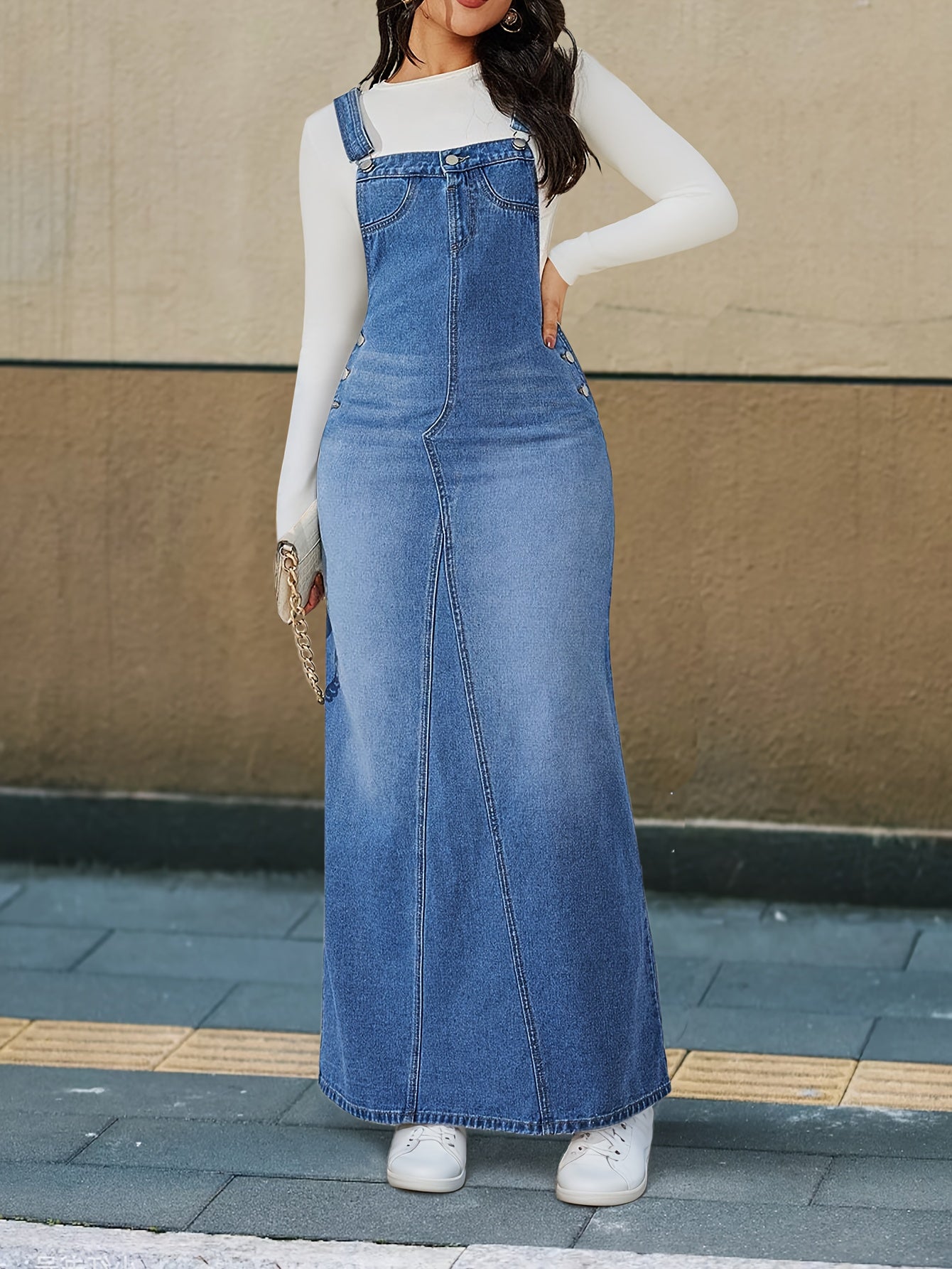 [Durable Denim Dress] Durable Denim Dress - Women's Non-Stretch Loose Fit Long Skirt with Detachable Strap, Multiple Buttons for Easy Closure, Everyday to Formal Outfits - Casual Chic Outwear, Versatile Outfit Option