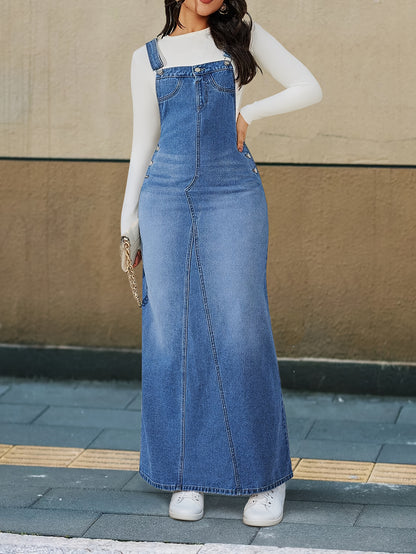 [Durable Denim Dress] Durable Denim Dress - Women's Non-Stretch Loose Fit Long Skirt with Detachable Strap, Multiple Buttons for Easy Closure, Everyday to Formal Outfits - Casual Chic Outwear, Versatile Outfit Option