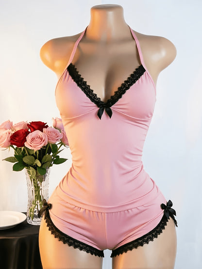 New Arrival Lingerie Seductive Halter Ruffle Sexy 2pcs Pajama Set, Women's Cami & Shorts Loungewear