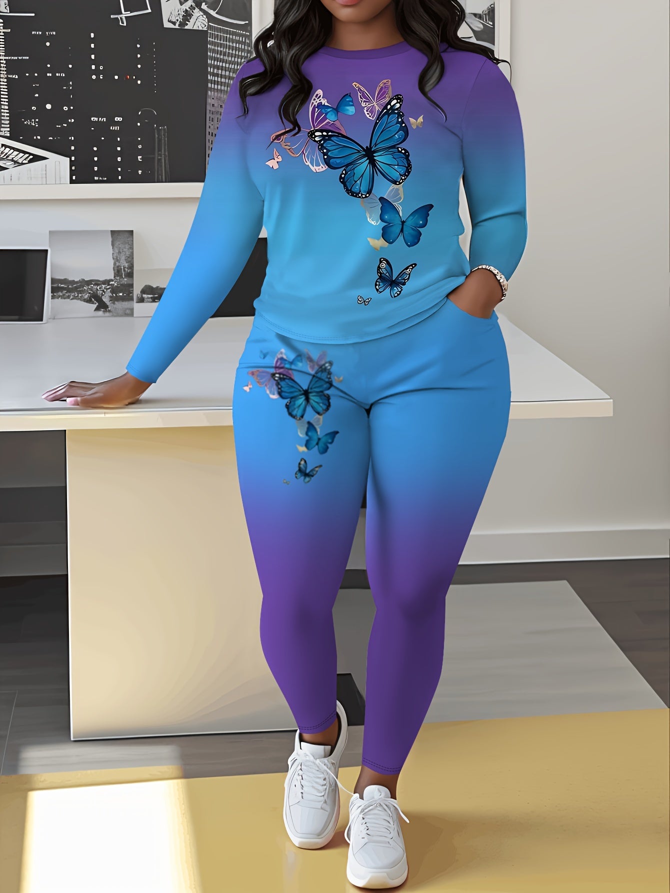 Plus Size, Ladies Casual Gradient Color Suit, Long Sleeved Pants Butterfly Print, Pants with Pockets