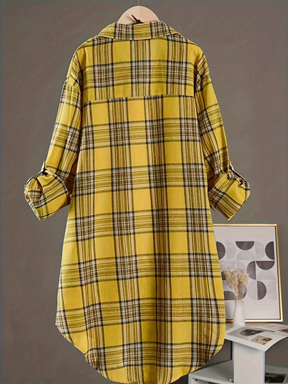 New Women's Loose Fit Mid-Length Plaid Shirt for All Seasons 2025, Versatile for Commuting, Casual Daily Wear, and Suitable for Holiday Parties and Outings