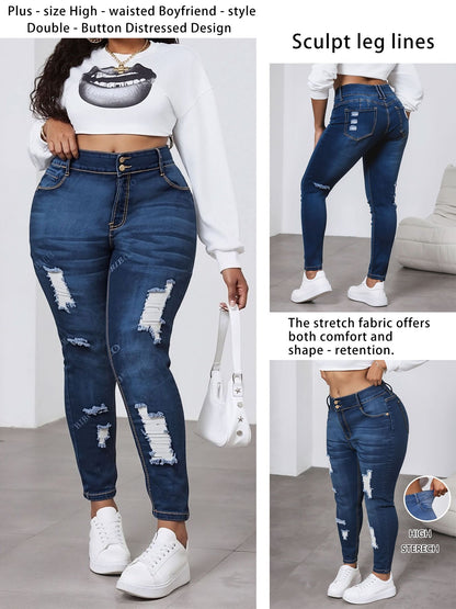 Women'S Plus - Size High - Waisted Ripped Jeans, Elastic & Shaping