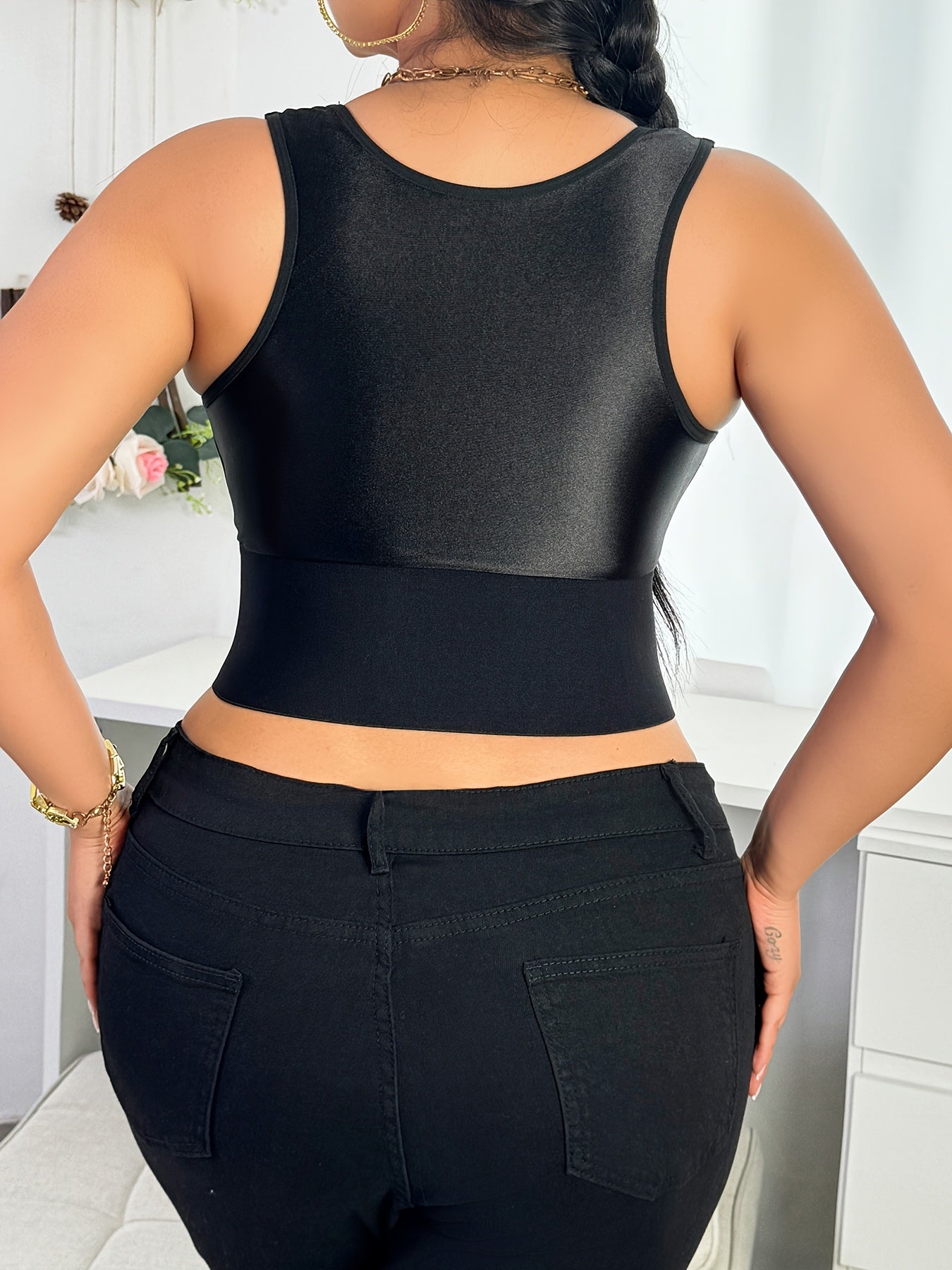Women's Plus Size Full-Coverage Wire-Free Bra & Shaping Sleeveless Tank Top - Adjustable Zipper Closure, Lace Flower Print, Back-Tightening Shaping Design, Soft Stretch Fabric for Daily Wear & Special Occasions - Lingerie (Hand Washable, No Underwire)