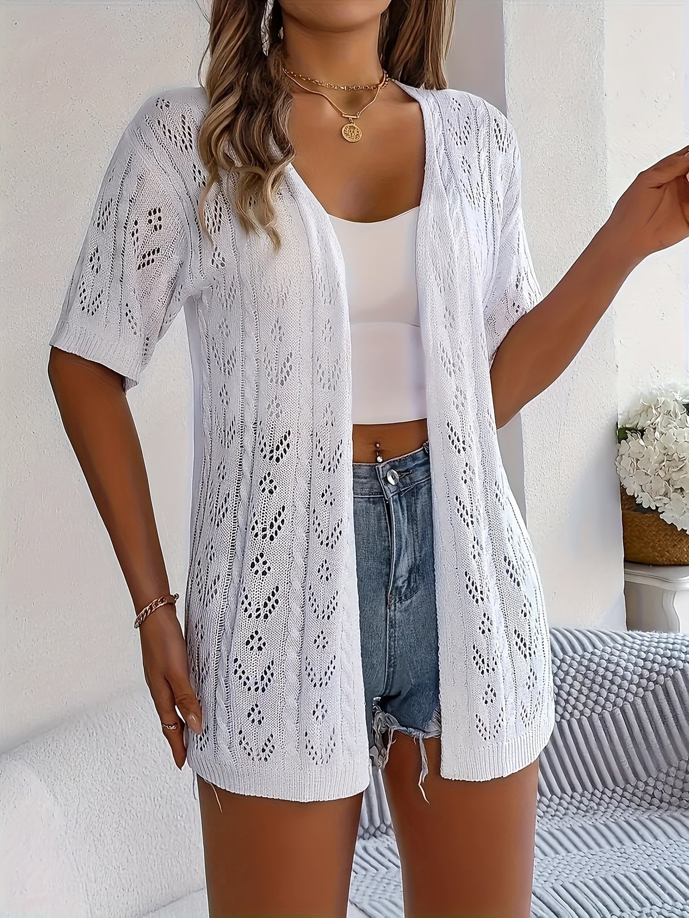 Plus Size - Summer New Arrival Women'S Openwork Short Sleeve Cardigan Loose Mid-Length Cover-Up Lightweight Breathable Outerwear Top