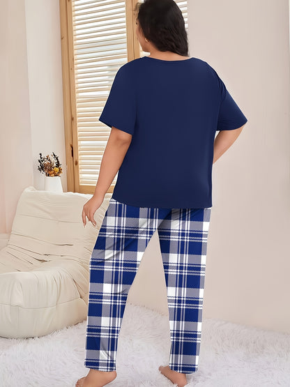 [6pcs Pajama Set] 6pcs Large-Sized Women's Casual Home Wear | Summer Short-Sleeved Crew Neck Top And Tartan Long Pants Pajama Set, Slight Stretch Fabric, All-Season