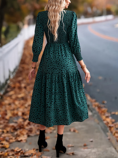 ZAFUL Spring Women's Clothing, Elegant Dress for Ladies with Long Sleeves and Round Neck Leopard Print, Commuting Elegant Dress, Women's Long Skirt