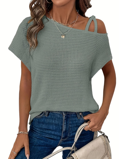 Women'S Summer Off Shoulder Waffle Short Sleeve T-Shirt Solid Color Top