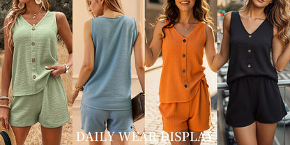 Casual Solid Color Two-Piece, Button-Front V-Neck Top And Shorts Outfit for Spring And Summer, Women'S Clothing