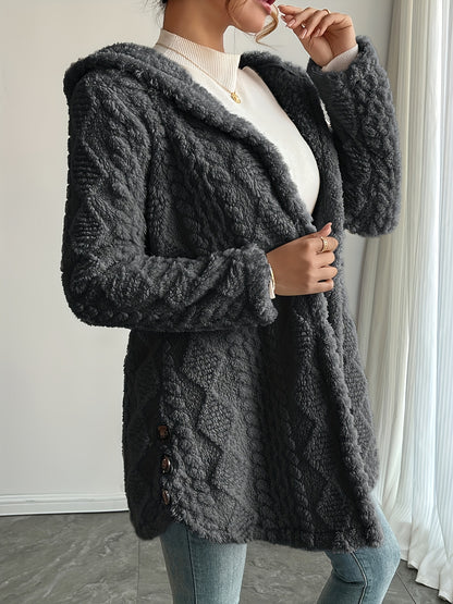 Hooded Fuzzy Coat Mid-Length Jacket with Buttons Soft Warm Winter Fall Outfits 5 Colors