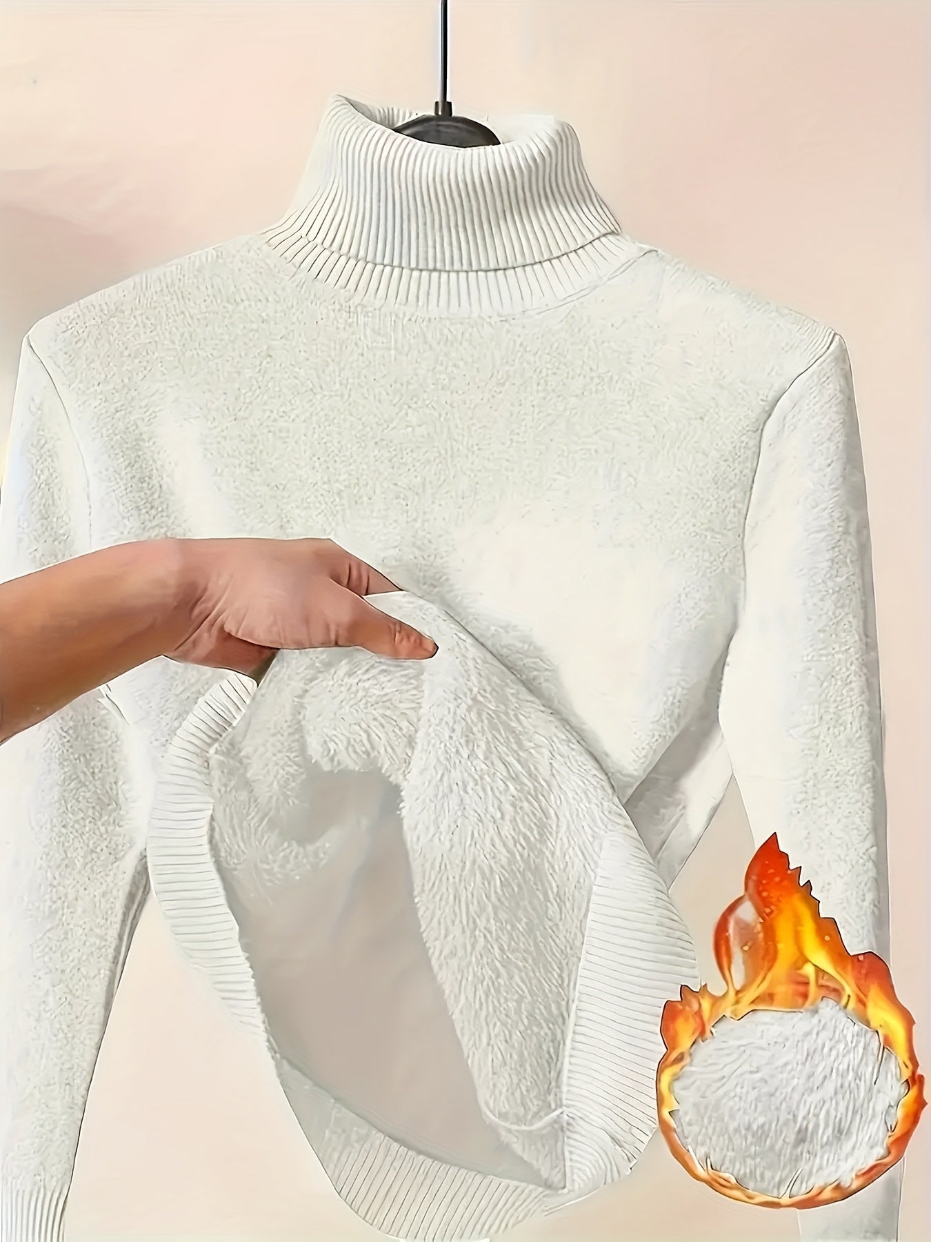 White High-neck -lined Pullover - Thick Lining for Soft Warmth in Winter, Classic Design for Effortless Style, Suitable for Layering or Wearing Alone, Ideal for Cold Weather and Office Wear.