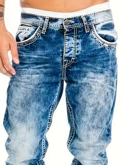Men's Slim-Fit Straight-Leg Distressed American Snowflake Jeans - Vintage Wash Blue Denim Pants with Snowflake Pattern, Streetwear Style All-Season Casual Wear, Durable Fabric & Hand Washable