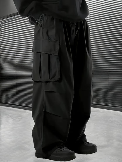 Men'S Plus Size Cargo Trousers - Casual Style for Spring And Autumn, Multi-Pocket Straight Leg Pants for All Seasons with Drawstring, Versatile Fashion, Wide Leg Design, Comfortable Casual Wear | Stylish Cargo Trousers | Comfortable Fit Pants