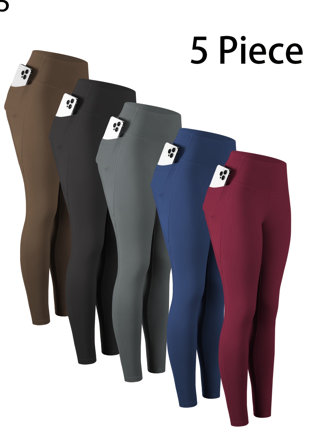 5pcs Women' High Waisted Cropped Leggings with Pockets - Full-Length Suitable for & Casual Attire, Non-Sheer Tummy Pants, Machine Washable Stretchy Base Layer for,, Layering (Year-Round)