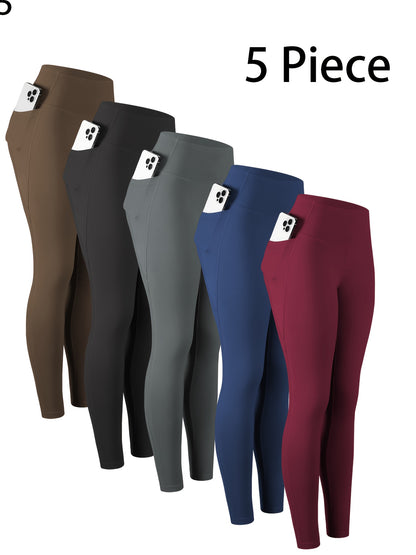 5pcs Women' High Waisted Cropped Leggings with Pockets - Full-Length Suitable for & Casual Attire, Non-Sheer Tummy Pants, Machine Washable Stretchy Base Layer for,, Layering (Year-Round)
