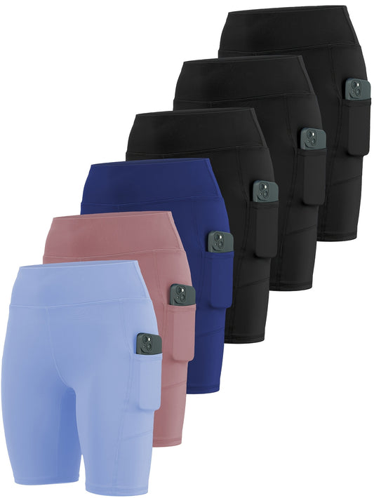 6-pack Large Size Sport Shorts For Women, Fashionable Casual Shorts, High-waist High-stretch Yoga Shorts, 5-inch Shorts With Phone Pocket