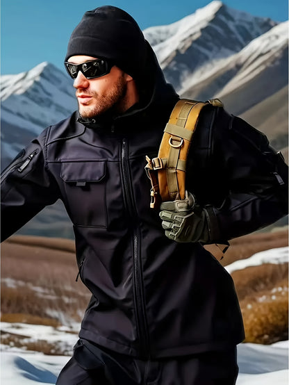 Men's Fleece-Lined Softshell Tactical Winter Jacket with Zip-Up Hooded Coat, Multiple Pockets & Lining - Outdoor Skiing, Hiking, Camping Workwear - Machine Washable Warm Fall/Winter Gear for Cold Weather Activities (Polyester)