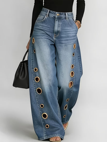 [Retro Denim Jeans] New Retro Style Denim Jeans for Women, With Metal Eyelets Designed for Casual And Loose Fit, High Waisted And Wide Leg Jeans, Street Cool Women's Clothing, Black Retro Blue Light Blue Women's Straight Leg Denim Pants