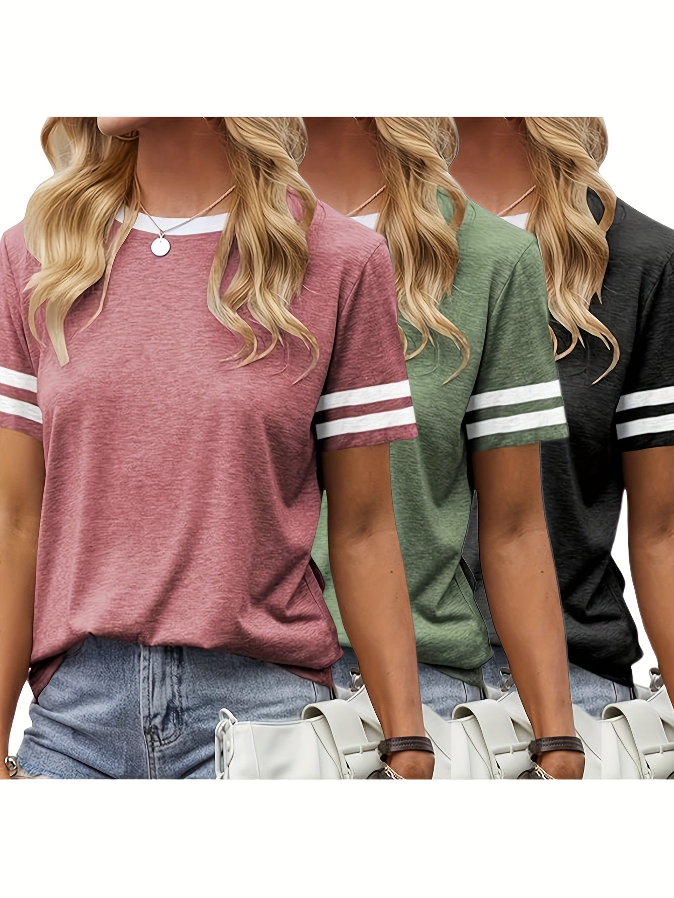 Three-piece Set 2025 European And American Fashion Women'S Basic Short-sleeved Round Neck Color Short-sleeved T-shirt