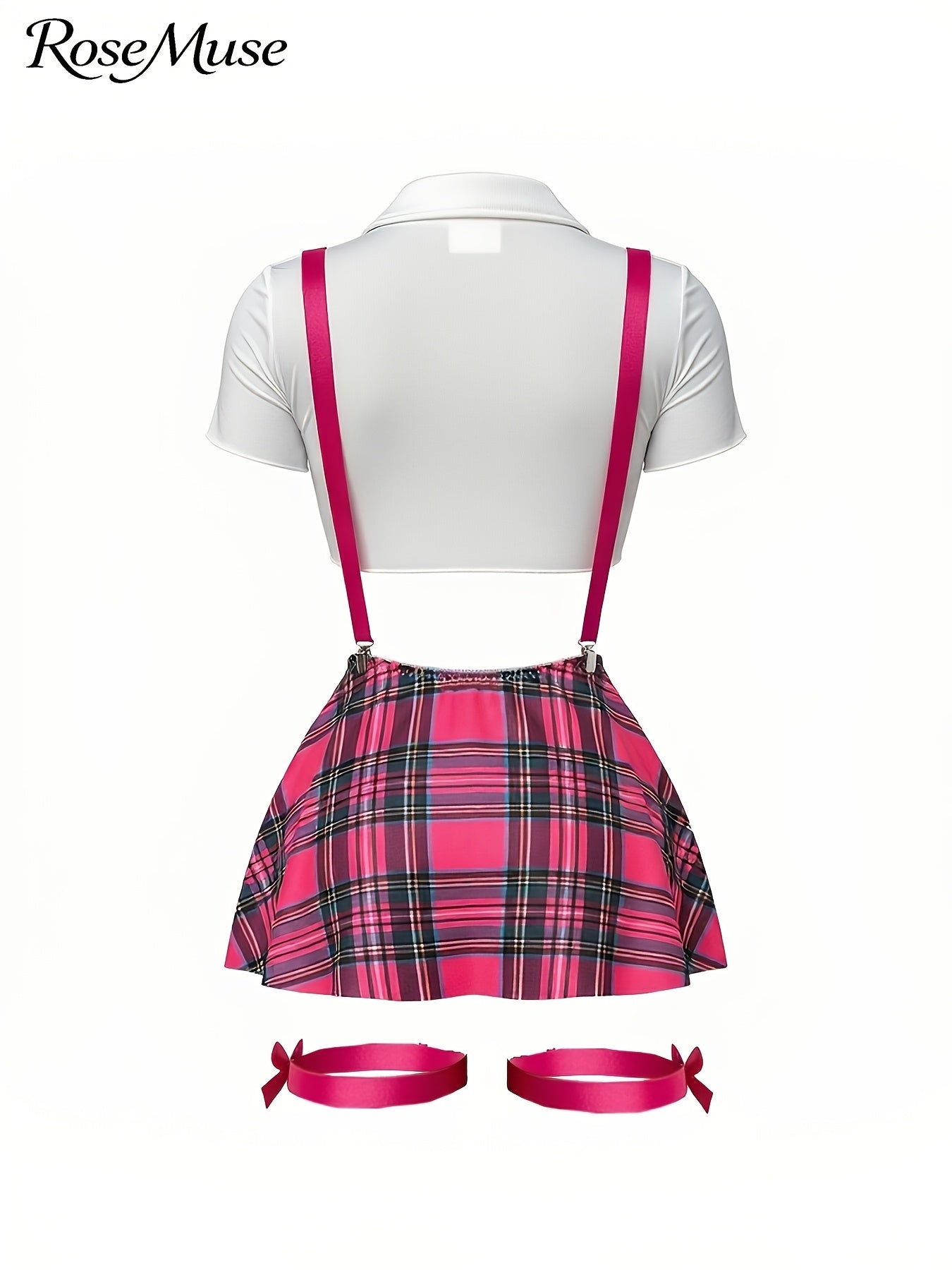 New European And American Style Plus-Size Women'S Cosplay Uniform Set: Plaid Suspender Mini Skirt, Top, Panties, Bow Tie, And Bow Leg Cuffs - 8pcs Set, Laid Skirt Sleeves Uniform Lingerie Set
