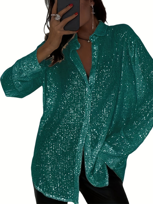 Ladies' Long-Sleeve Collared Shirt with Sequins, Featuring a Button- Open Front, Loose Fit Blouses, And Tops