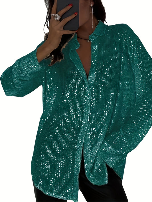 Ladies' Long-Sleeve Collared Shirt with Sequins, Featuring a Button- Open Front, Loose Fit Blouses, And Tops