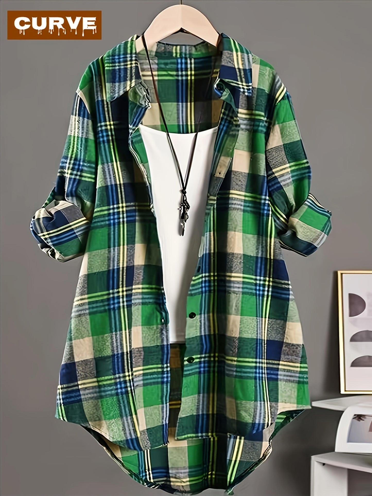 [Plaid Long Sleeve Shirt] For Plus Size - For Plus Size - Autumn And Winter Plaid Long Sleeve Button Up Casual Shirt - Plaid Print, Button Up Design, Pockets, Thin And Thick - A Versatile Shirt For Plus Size Ladies For Life And Work