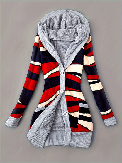 Women'S Fall Winter Casual Hooded Jacket, Warm Fleece Lined Long Sleeve Coat with Geometric Pattern And Colorblock Design