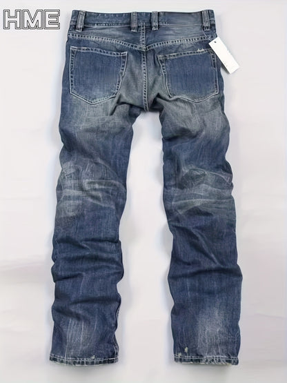 [HME] Easy And Casual Men'S Jeans, Autumn And Winter New Heavyweight Denim Long Pants, Retro Washed Lightning Pattern, Natural Whitening, Three-Dimensional Cut Mid-Waist Design, Suitable for Business Or Casual, American Retro Style Men'S Jeans