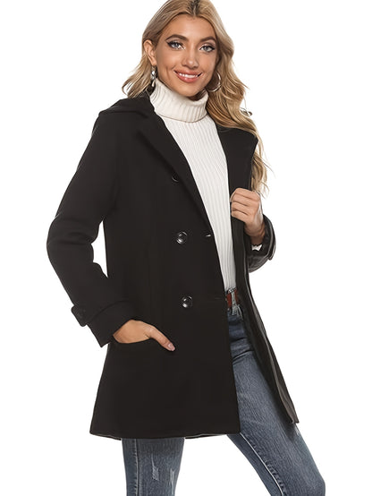 Women'S Hooded Double-Breasted Wool Blend Mid-Length Elegant Casual Coat