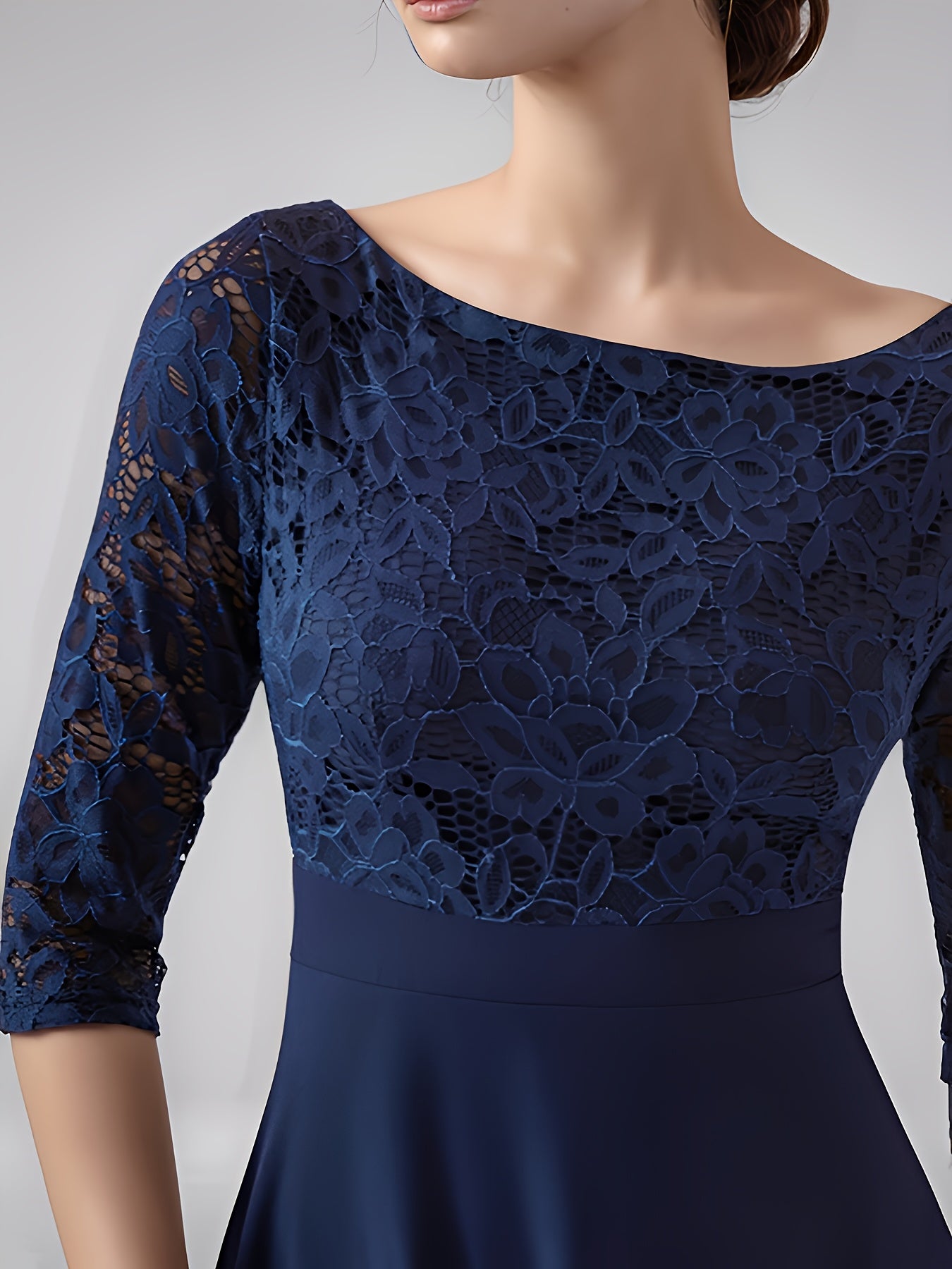 Elegant Navy Blue Lace-Trimmed Chiffon Evening Gown with Short Sleeves And Flowing Skirt, Perfect for Formal Events And Parties, Formal Evening Gown