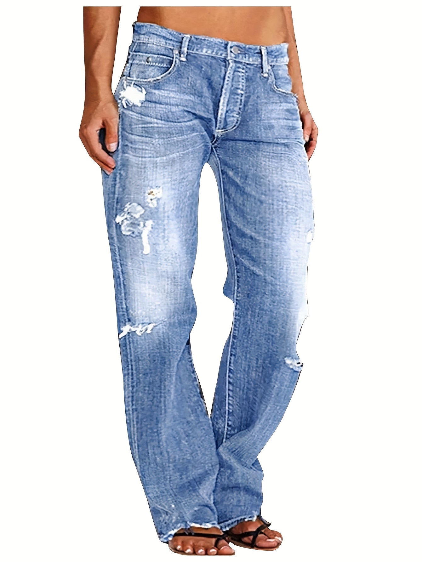 Women'S Denim Trousers Trendy Distressed Mid-Waist Ripped Leisure Straight-Leg Pants