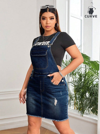 Plus Size Denim Pinafore Dress with Adjustable Straps & Distressed Design - Mid-Length -Line Dress Suitable for Spring Summer Fall, Casual to Dressy Outfits, Machine Washable Denim Dress