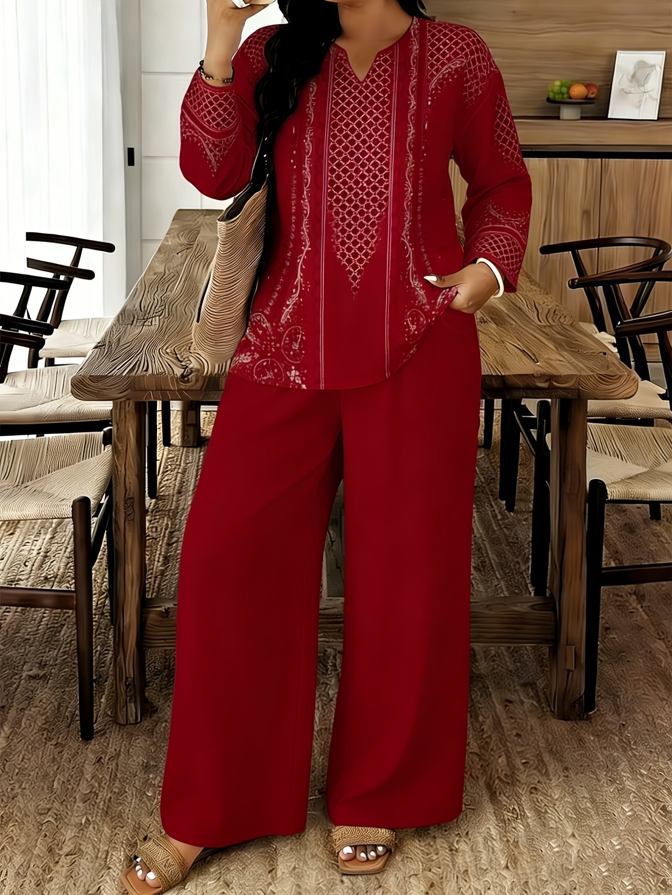 2pcs Set Of Women's Standard Size Long Sleeved Pants, Set, Spring And Summer New V-neck Long Sleeved Shirt Printed Pants Set, Digital Printed Non Hollow Top Machine Washable, Elegant And Comfortable, Suitable for Commuting And Dating