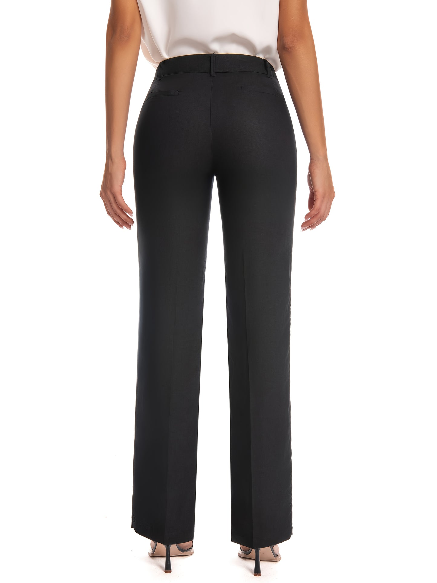 Women'S Black Work Pants Stretch High Waist Straight Leg Trousers with Pockets Office Casual Travel Daily Wear