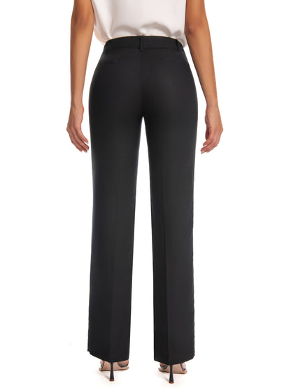 Women'S Black Work Pants Stretch High Waist Straight Leg Trousers with Pockets Office Casual Travel Daily Wear