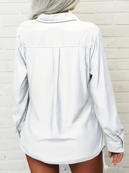 Women's Solid Color Lapel Long Sleeve Button- Shirt - Casual & Office Versatile Blouse, Machine Washable Spring/Fall Top with Classic Collar Design