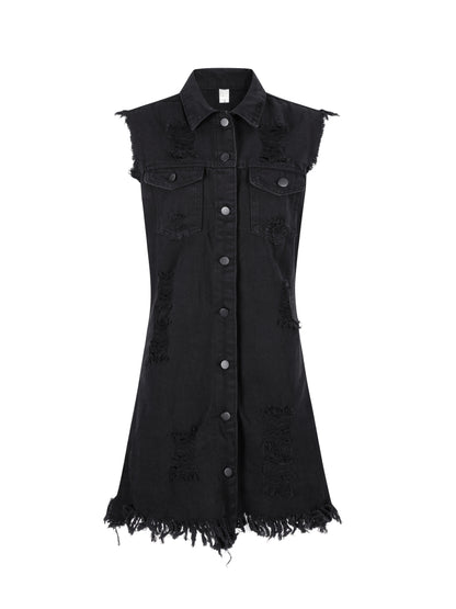 Sleeveless Ripped Back Raw Hem Long Vest Jackets, Butt Cover Button Closure Long Denim Coats, Women's Denim Jackets & Coats, Women's Clothing
