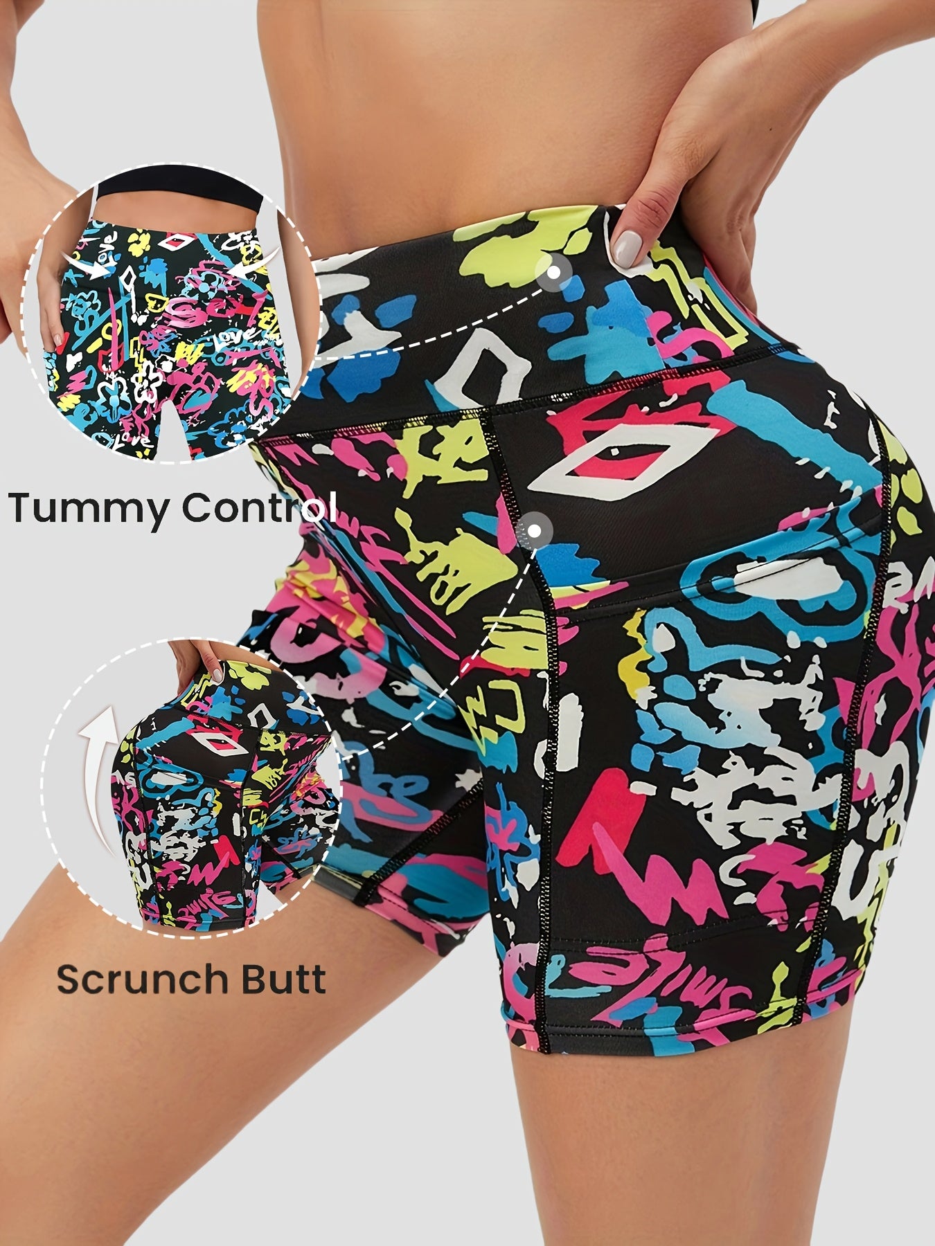 4-Way Stretch Women'S Fashion Printed 3-Inch Shorts Body-Hugging Fit, Tie-Dye Print with Side Pockets, High-Waisted Tummy Control