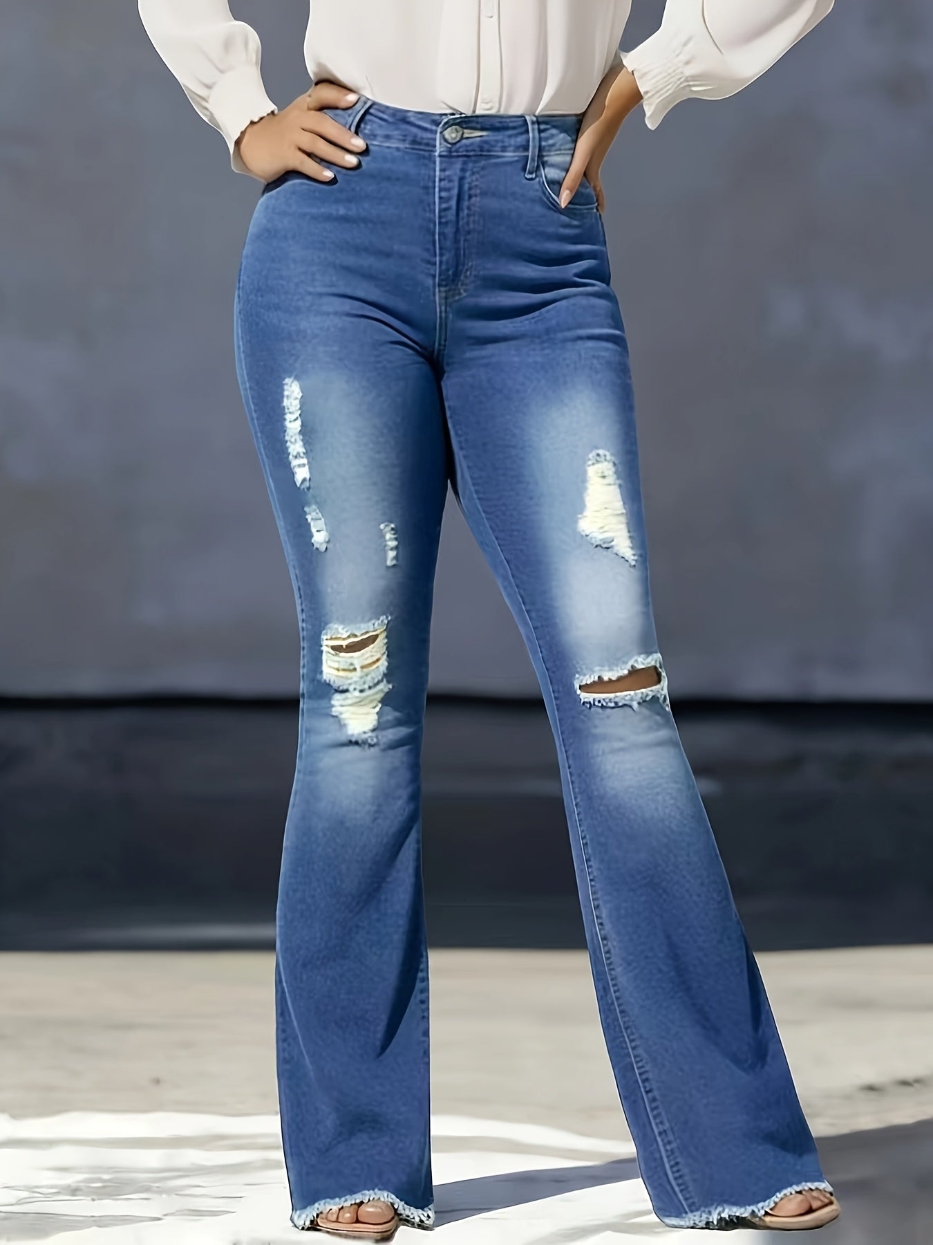 Women's Sexy Ripped Distressed Bell-Bottom Jeans - Mid-Rise Tight-Fit Pants with Full-Length Bell Flare Legs, Beltless & Machine Washable for Casual Outfits (//Daily Wear) - - Wearable in Stock
