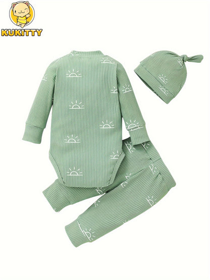 Kukitty Baby Boys Clothes Newborn Ribbed Long Sleeve Romper with Sun Pattern Pants Hat Outfits Set, for Outdoor