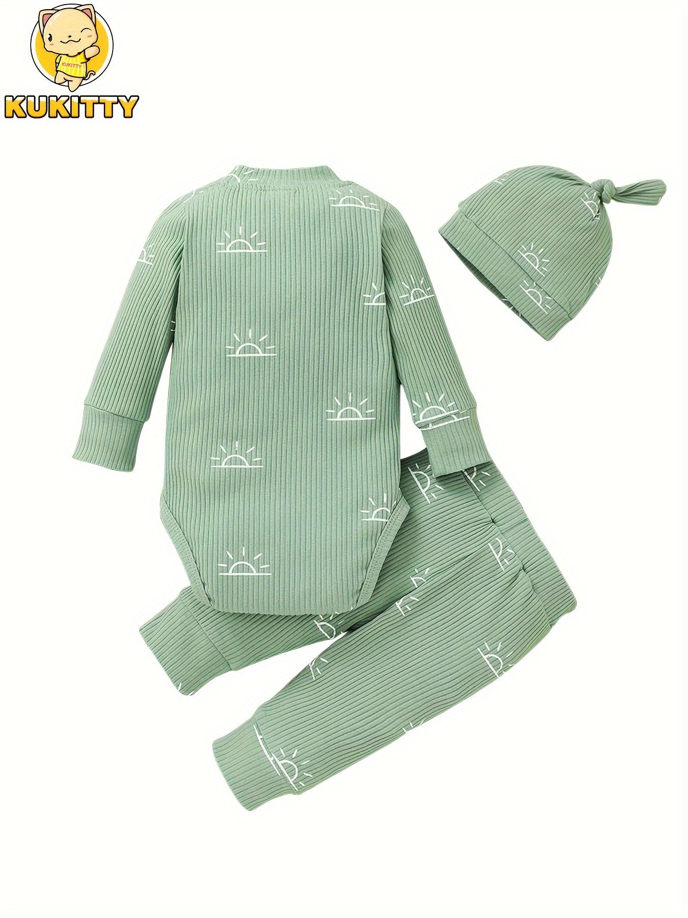 Kukitty Baby Boys Clothes Newborn Ribbed Long Sleeve Romper with Sun Pattern Pants Hat Outfits Set, for Outdoor