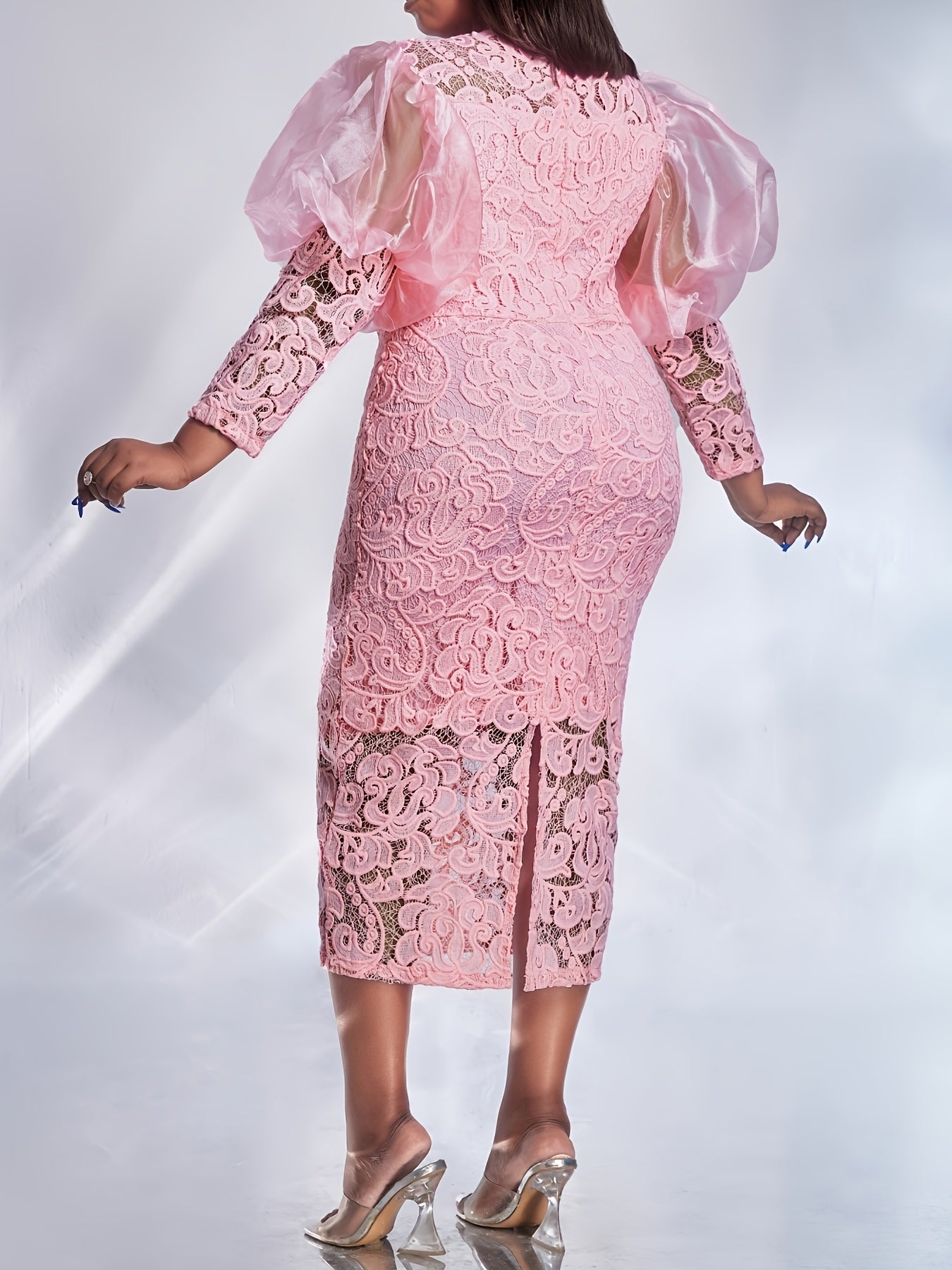 Plus Size, New Arrival Women's Lace-Trimmed Bubble Sleeve Party Dress with Round Neckline And Three-Quarter Length Sleeves