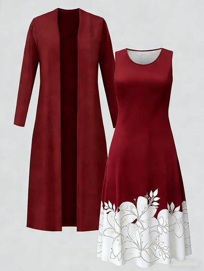 2pcss Set, Vest Style Dress+Long Sleeved Jacket Cardigan, Women'S Fashionable Dress Set, Floral Print Dress Cardigan Top Paired with Waist Cinching Long Skirt 2pcss Set, Elegant Temperament, Suitable for Wearing on The Street