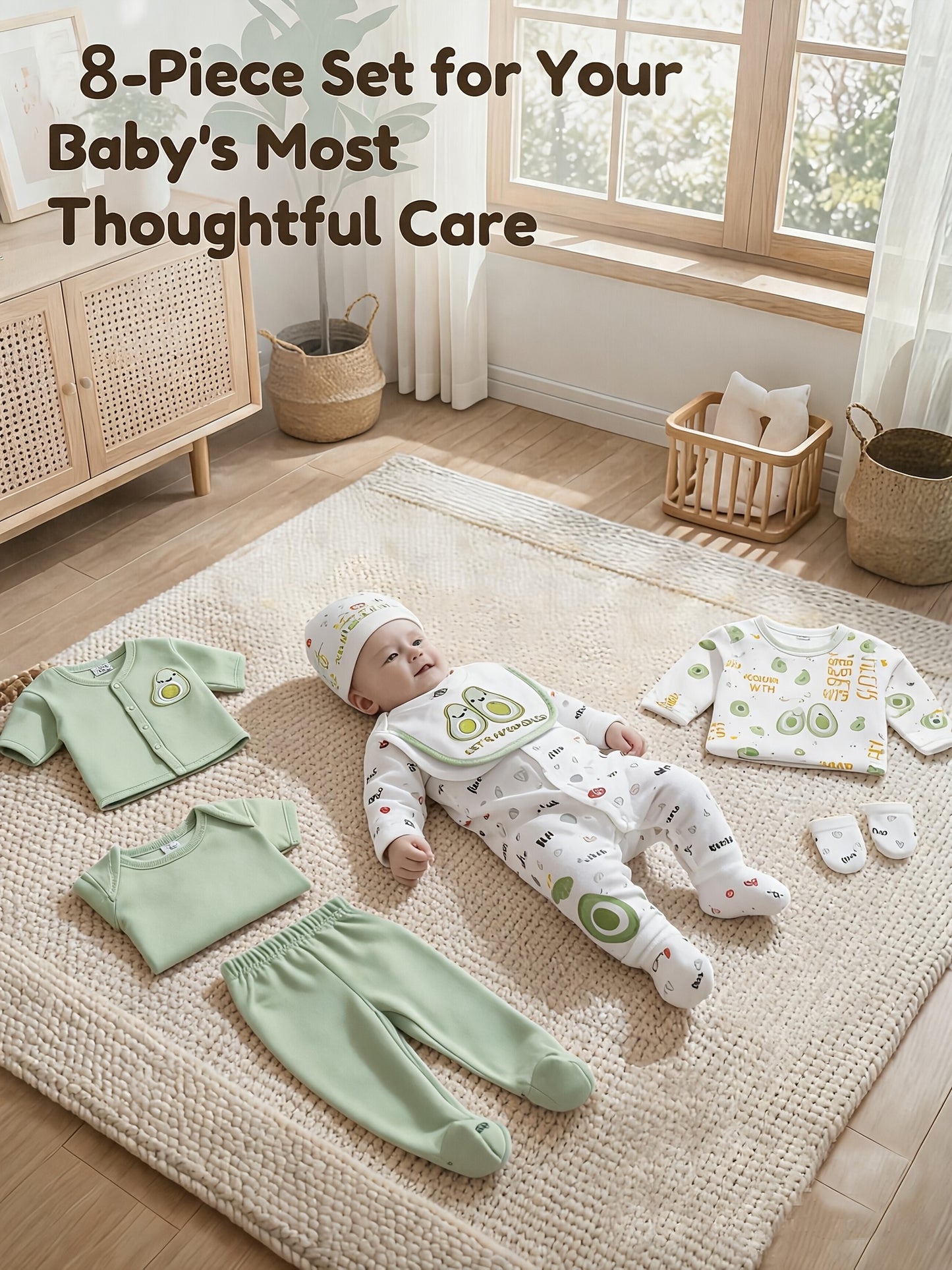 8pcs & Unisex Outfit Suit - Soft Avocado Print Romper, Matching Hat, Bib, Pants, Coat & More | - Clothing (Machine Washable) | 8pcs for 8pcs Set, Perfect for Outdoor