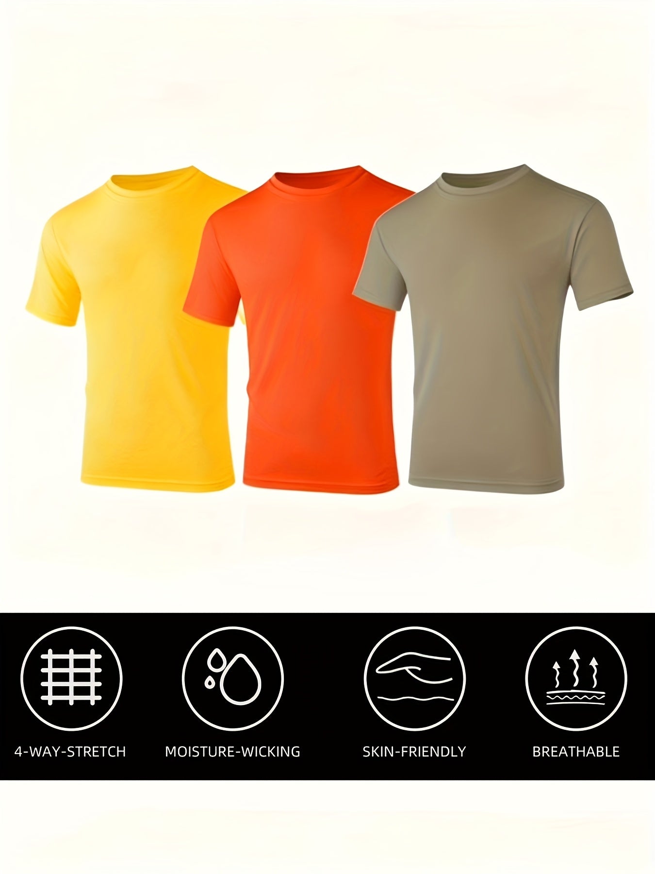 3-Pack Men's Quick-Dry UPF 50+ T-Shirts - Moisture-Wicking Crew Neck Short Sleeve Tees in Khaki, Orange, Yellow (S-3XL) for Swimming, Beach, & Outdoor Activities - Multi-Pack Athletic Shirts