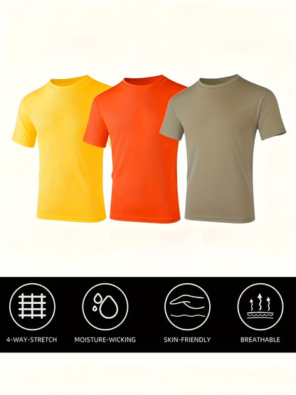 3-Pack Men's Quick-Dry UPF 50+ T-Shirts - Moisture-Wicking Crew Neck Short Sleeve Tees in Khaki, Orange, Yellow (S-3XL) for Swimming, Beach, & Outdoor Activities - Multi-Pack Athletic Shirts