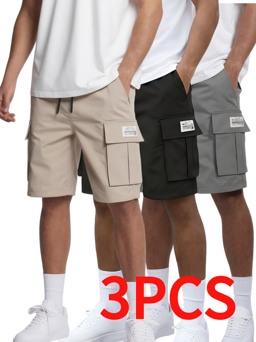 3-Pc Men'S Cargo Shorts, Solid Color Camouflage Series, Casual Athletic Shorts - (Includes Wristband)Multi-Pocket Ripstop, Adjustable Waist (Black, Gray, Khaki) - Outdoor & Travel