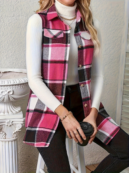 Plaid Vest for Women Lapel Button Sleeveless Shacket Fall Winter Comfortable Warm Long Jacket Outerwear