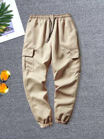 5pcs Men's Overalls, Elastic Belt Loose Work Pants, Multi-pocket Design, Machine Washable Non-elastic Fabric, Suitable for Outdoor/construction/travel, Outdoor Tooling Style, Textured Fabric